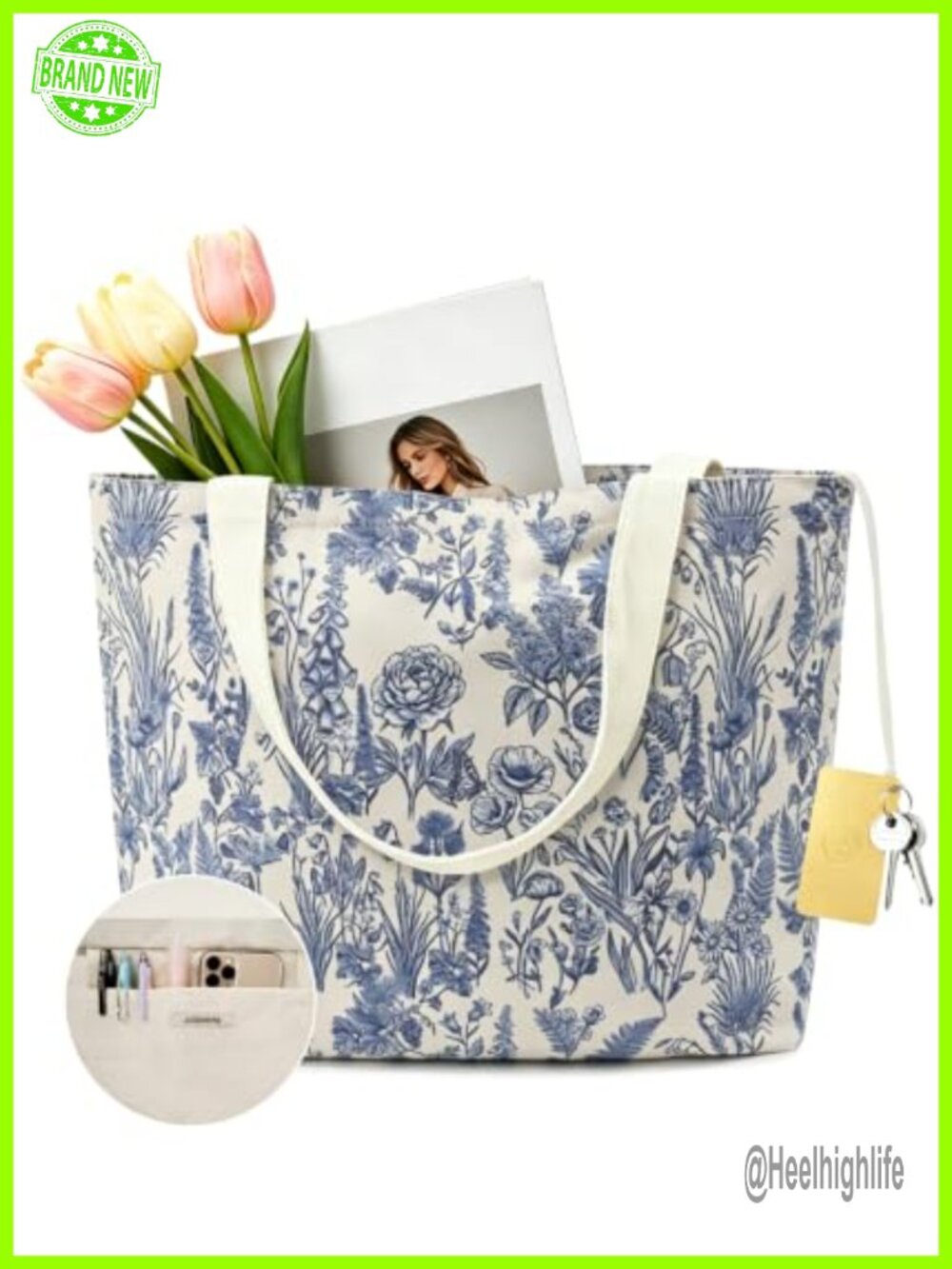Large Canvas Tote Bag with Zipper Inner Pocket Key Hook Wide Handle